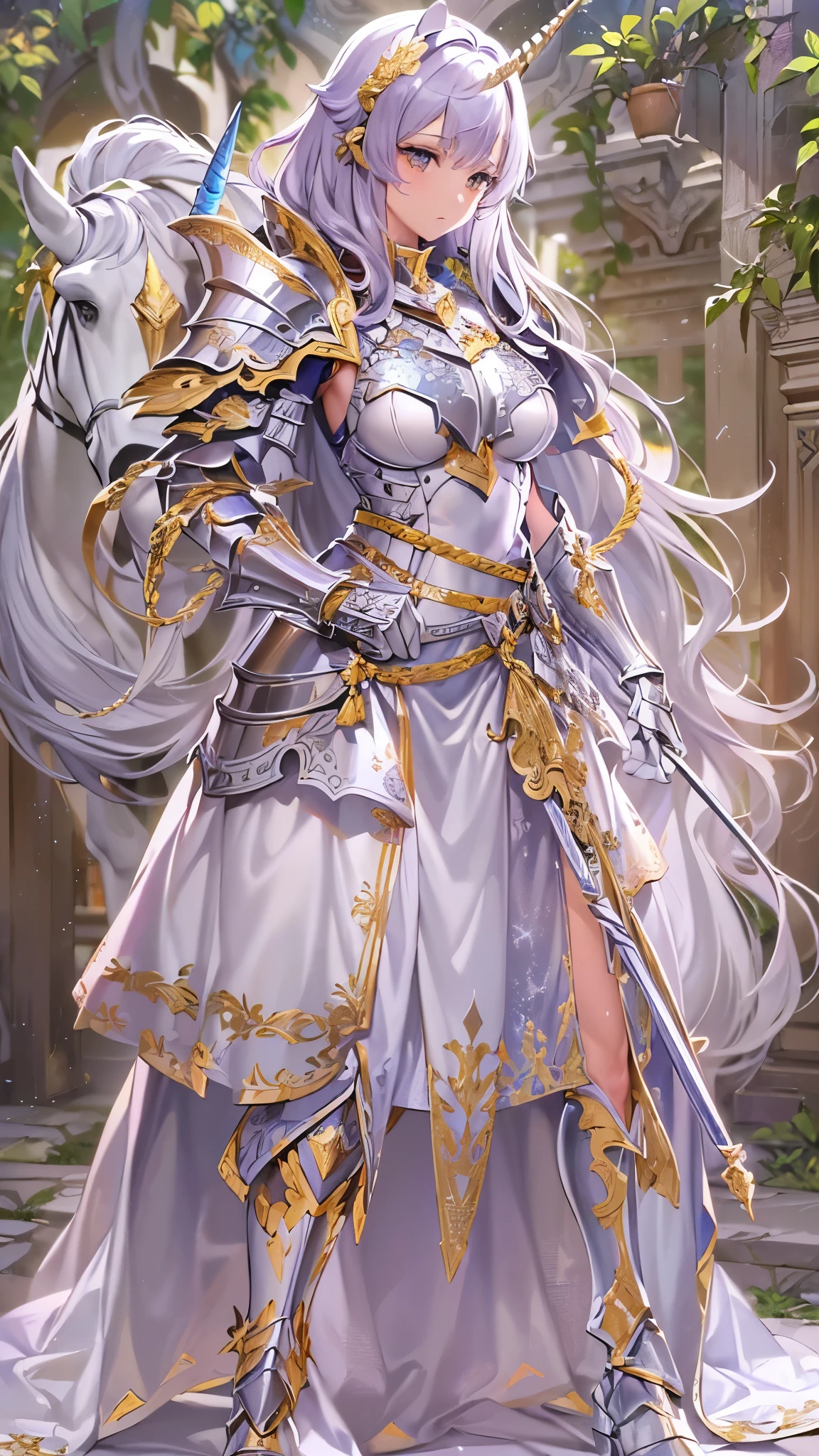 ((Highest quality)),(Ultra-high resolution),(Ultra-detailed new),(Detailed Description),((The best CG)),(masterpiece),Highly detailed art,A wonderful new art form,(Art with precise details:1.5), (Female Knight:1.5),(Unicorn Head Helmet:1.5),(Armor with intricately detailed reliefs:1.4),(Wing boots:1.3), (Sparkling Air:1.3)