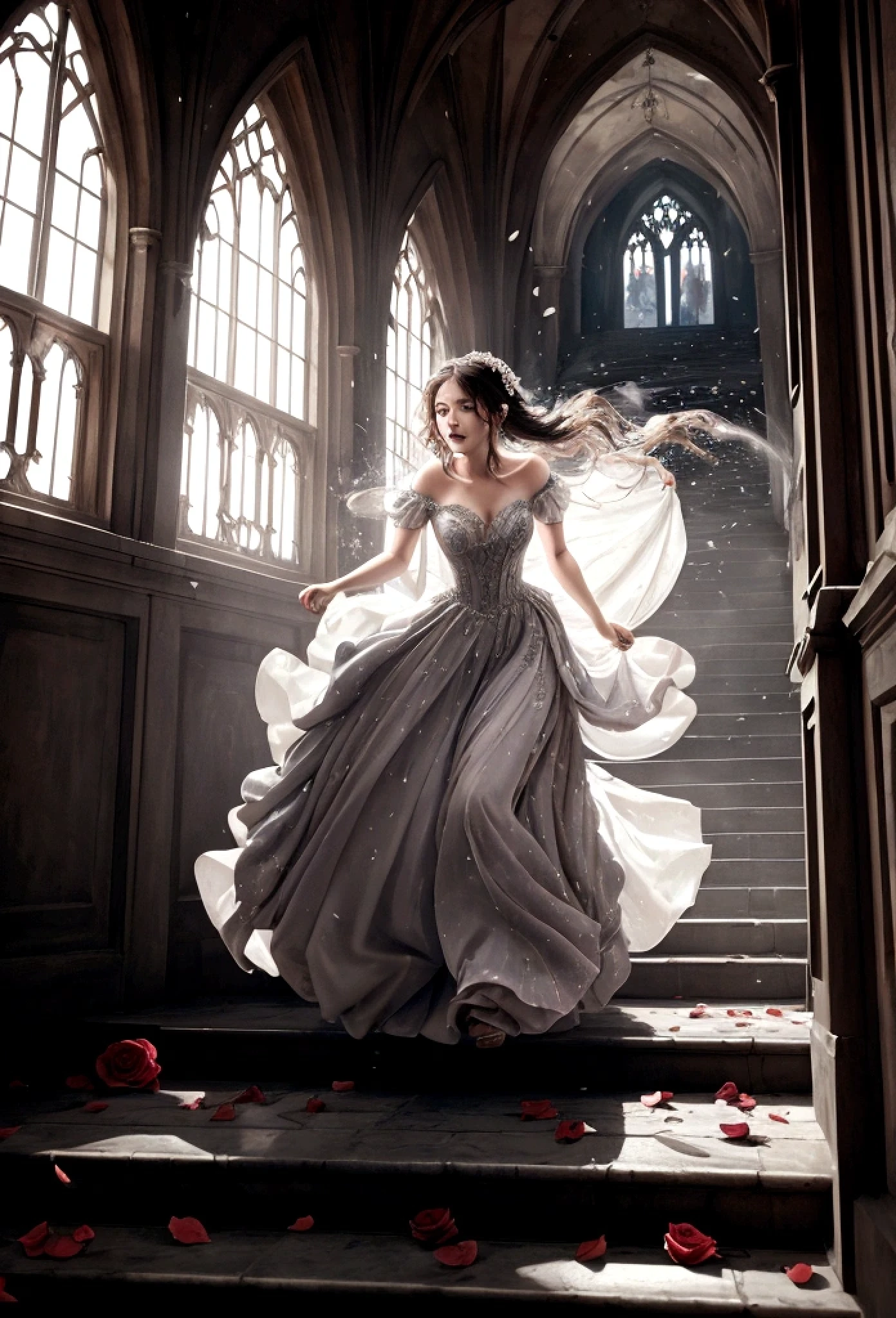 A girl in gown running down the stairs tackling her gown she has scared expression as if someone is chasing her behind her there is castle and roses petals are falling down the sky all over her with water splash , insanely beautiful, highly detailed, no distortion in anatomy, beautiful garments and gowns adornments