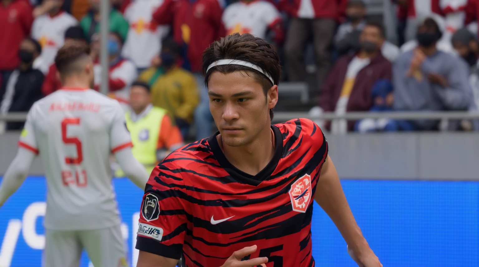 there is a man that is playing soccer in a game, in game style 8k, wearing the number 1 headband, up close shot shinji aramaki, 8k detail, 8 k detail, ultra-realistic graphics, 2020 video game screenshot, 8k portrait render, inspired by Jan Asselijn, middle close up shot, 8k!!