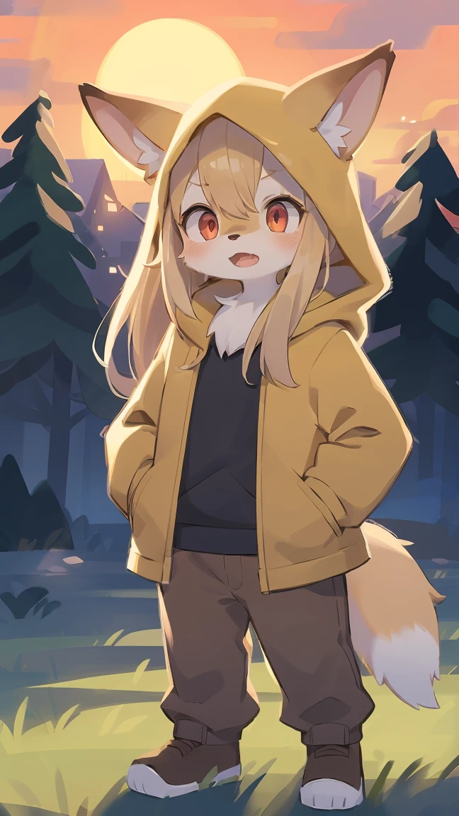shota the fox, , was hairy, shaggy, skin fur, smooth lashes, golden fur, forelimb hands, straight long blonde hair, solid circle eyes, golden ears, golden fur, golden facial fur, shiny hair, red eyes, super cute face, 1fox tail, fluffy tail, furry tail, glowing eyes, green coat green hood down, brown trousers, standing, open mouth, ambient light, ultra-fine fur, dashed eyes, full body, masterpiece, high quality, high-details, best quality, wide short, (((solo))), twilight, sun light, red sky, rim light