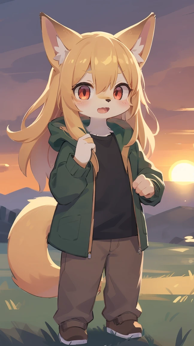shota the fox, , was hairy, shaggy, skin fur, smooth lashes, golden fur, forelimb hands, straight long blonde hair, solid circle eyes, golden ears, golden fur, golden facial fur, shiny hair, red eyes, super cute face, 1fox tail, fluffy tail, furry tail, glowing eyes, green coat green hood down, brown trousers, standing, open mouth, ambient light, ultra-fine fur, dashed eyes, full body, masterpiece, high quality, high-details, best quality, wide short, (((solo))), twilight, sun light, red sky, rim light