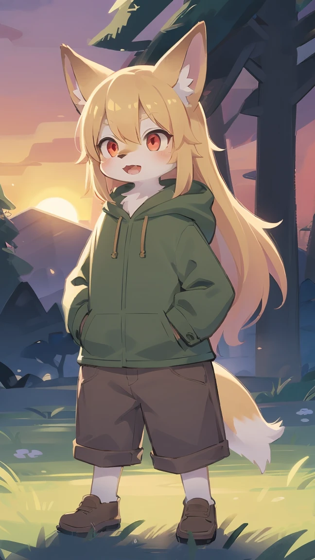 shota the fox, , was hairy, shaggy, skin fur, smooth lashes, golden fur, forelimb hands, straight long blonde hair, solid circle eyes, golden ears, golden fur, golden facial fur, shiny hair, red eyes, super cute face, 1fox tail, fluffy tail, furry tail, glowing eyes, green coat green hood down, brown trousers, standing, open mouth, ambient light, ultra-fine fur, dashed eyes, full body, masterpiece, high quality, high-details, best quality, wide short, (((solo))), twilight, sun light, red sky, rim light