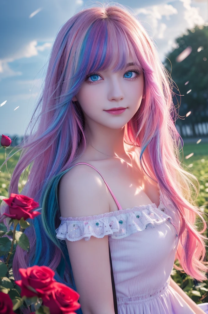 ((Highest quality, Tabletop)), ((Style - Swirl Magic):0.75)
One Girl,(((masterpiece)))、((超detailedな、Highest quality、High resolution、Cinema Lighting))、whole body、From above、whole bodyショット (1 girl)(Rainbow Hair、Colorful Hair、Half Blue、Half pink hair:1.2)(Both sides up)(Green Eyes)、eye shadow、eyeliner、Glowing Eyes、Hyper Detail Eye、Complex eyes、Beautiful Eyes、((Sparkling blue eyes))18-year-old girl、A seductive smile、detailed, Crimson Light, detailed background, Pink rose field, White sundress, Scary Clouds, Light Particles, sitting on roses,