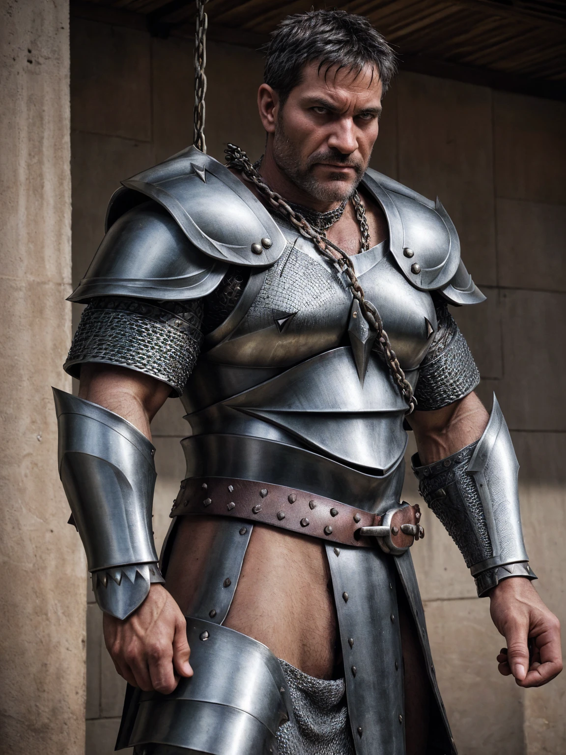 Raw, cinematic shot, (sharp focus:1.5), (photorealistic:1.2), medium portrait sexy daddy huge pecs of (a weary-looking but still proud and fierce-looking บาบาเลี่ยน warrior,Spartan Armor, dressed in elaborately detailed chain mail and leather armour