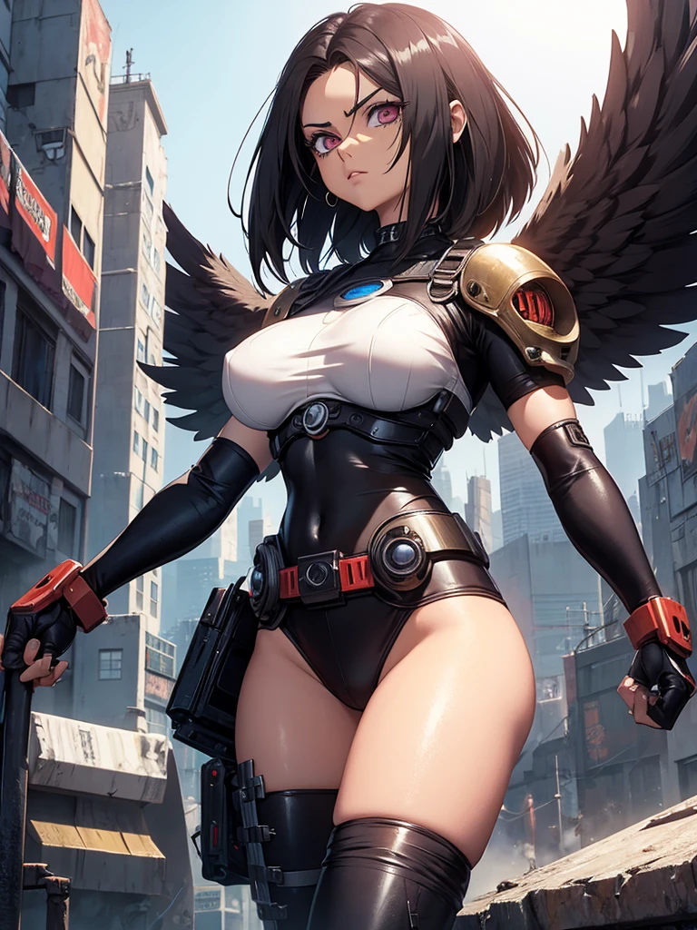 Battle angel alita, motorball, cyberpunk, sexy, big boobs, big dark wings, she's gigantic like godzilla near neo Tokyo 