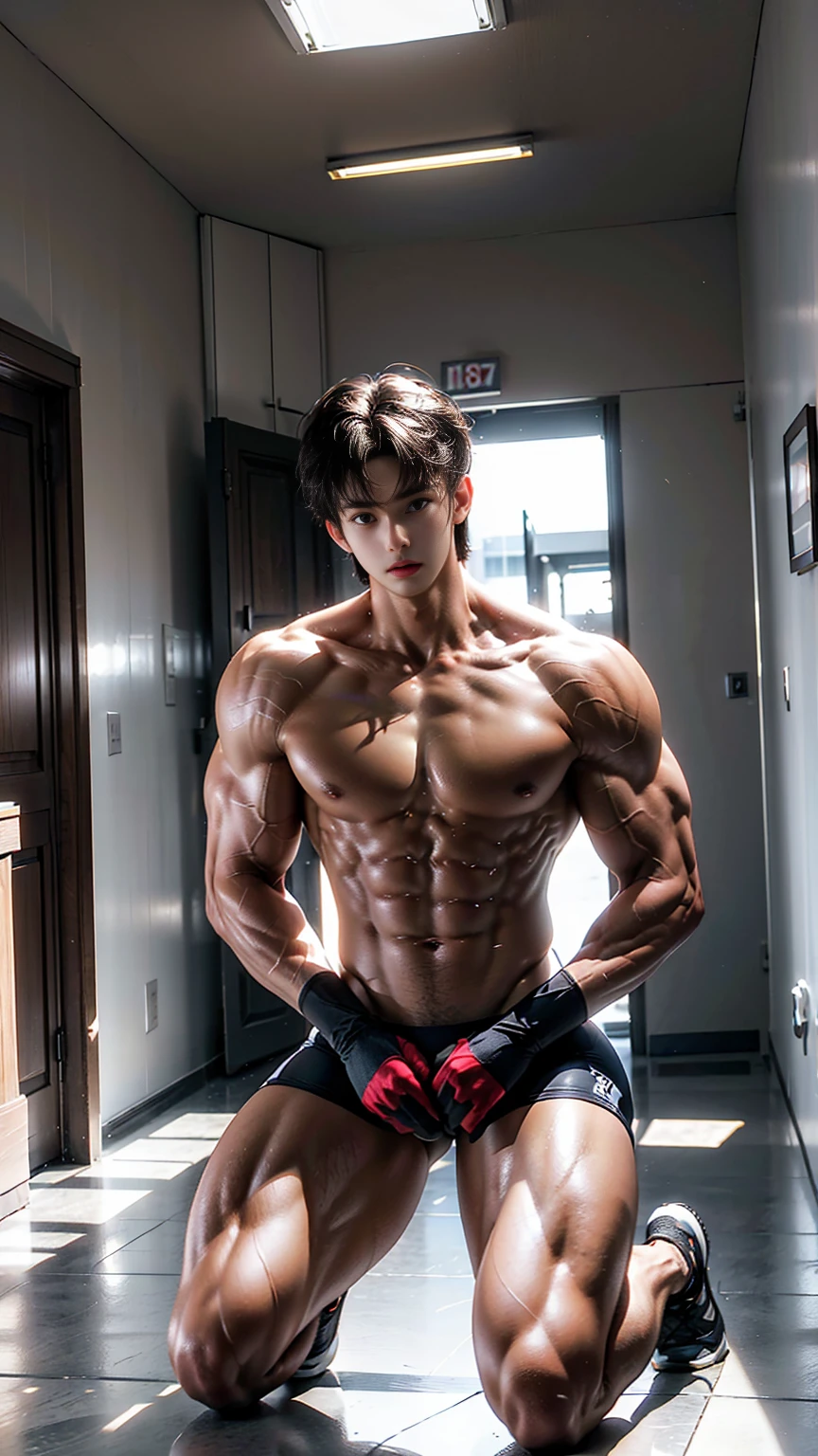 masterpiece,best quality, (A well-built 18-year-old tall boy:1.2), (Kneeling upright in the campus corridor:1.2),Orange tight cycling suit,male,(Broad shoulders),Muscular shoulders,(Extremely strong body),Fitness,Inverted triangle figure,Biceps,Highlight muscle texture,(Frontal upward perspective), Muscular body,Small head,(Handsome and cute face),V-Shaped Face,Perfectly detailed facial features,sports shoes,Looking at the camera,An angry and serious expression,leaning back,head tilt, happy, very short hair, brown hair,(looking at viewer:1.2),Anatomically correct,Wide-angle lens