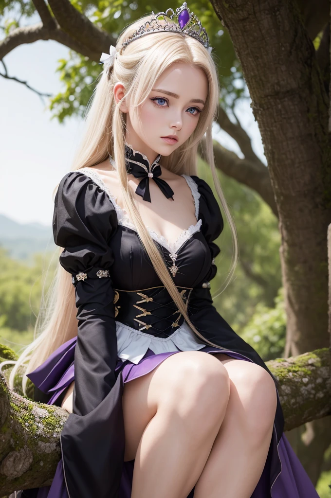 Photo of woman, hair blonde, longye hair, tied up hair, tiara on head, violet eyes, knight outfit, bow and arrow in hand, Black clothing with white details, HD, garota jovem, neckline in clothes, blushed face, ashamed, sitting on top of a tree.