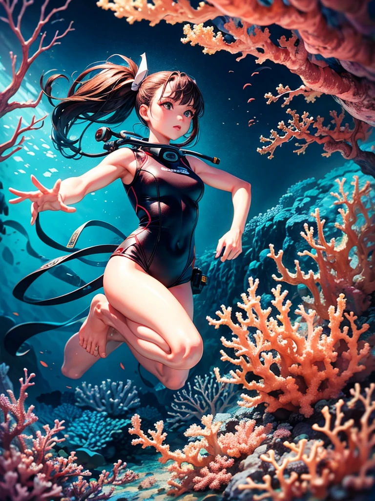 Highest quality,Highest Resolution,Beautiful girl scuba diving in the deep sea,High leg,Beautiful coral,