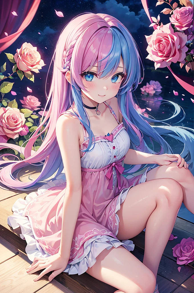 ((Highest quality, Tabletop)), ((Style - Swirl Magic):0.75)
One Girl,(((masterpiece)))、((超detailedな、Highest quality、High resolution、Cinema Lighting))、whole body、From above、whole bodyショット (1 girl)(Rainbow Hair、Colorful Hair、Half Blue、Half pink hair:1.2)(Both sides up)(Green Eyes)、eye shadow、eyeliner、Glowing Eyes、Hyper Detail Eye、Complex eyes、Beautiful Eyes、((Sparkling blue eyes))18-year-old girl、A seductive smile、detailed, Crimson Light, detailed background, Pink rose field, White sundress, Scary Clouds, Light Particles, sitting on roses,