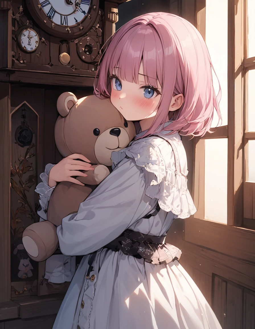 (8K, best quality, master piece: 1.2), super high resolution,1 girl is hugging a stuffed teddybear,,solo,15yo,ultra-detailed face,detailed eyes,gradient eyes,pink hair,ショートヘア,blunt bangs,((pout)),blush,white fasciator,black dot pattern white dress,black bolero,cowboy shot,BREAK,one cuckoo clock,rim light,side view,room