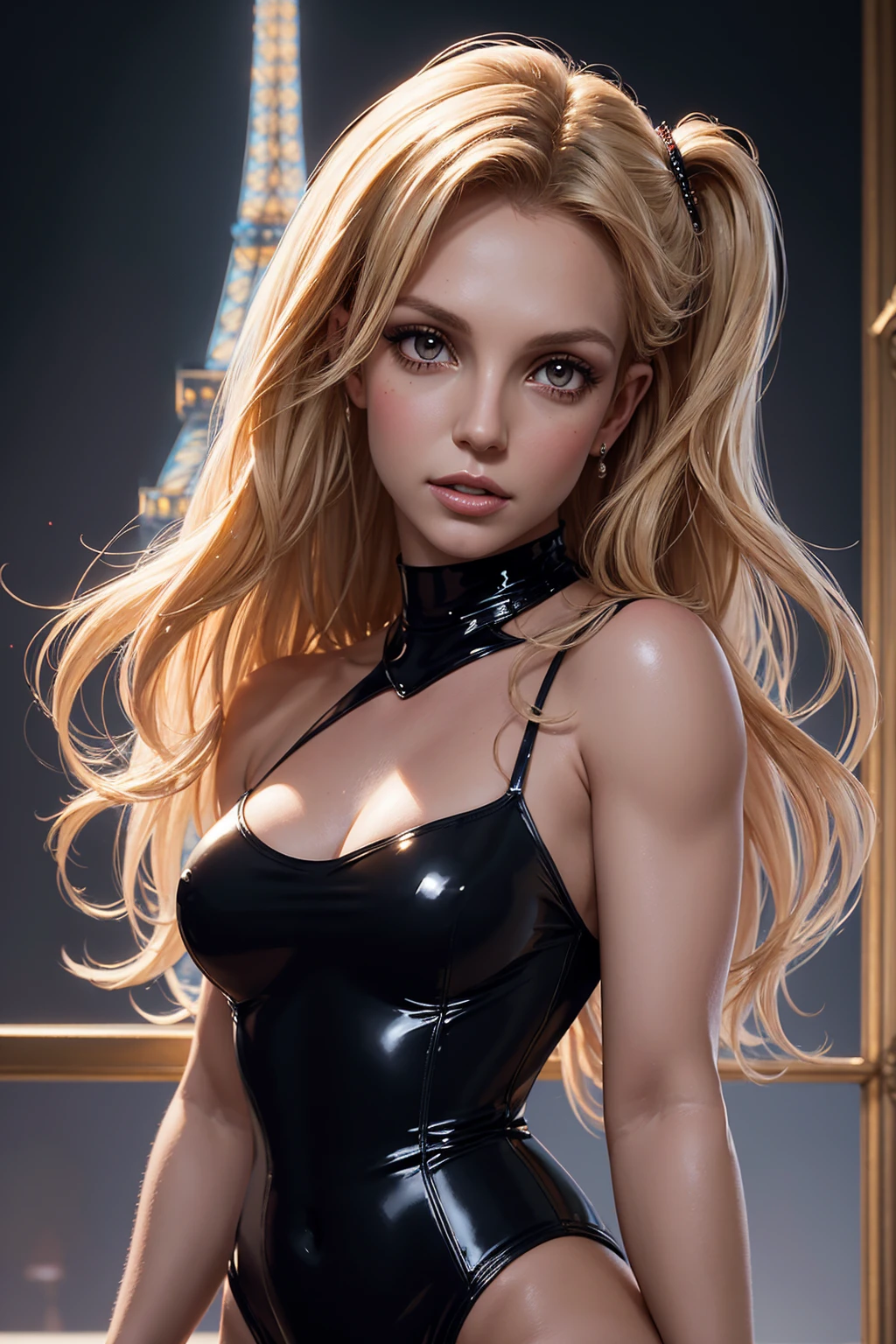 portrait Britney Spears, wearing nude breasts french maid latex costume, against the background of the Eiffel Tower, character portrait, 3 9 9 0 s, long hair, intricate, elegant, highly detailed, digital painting, artstation, concept art, smooth, sharp focus, illustration, art by wlop, charlie bowater and alexandra fomina, 36k