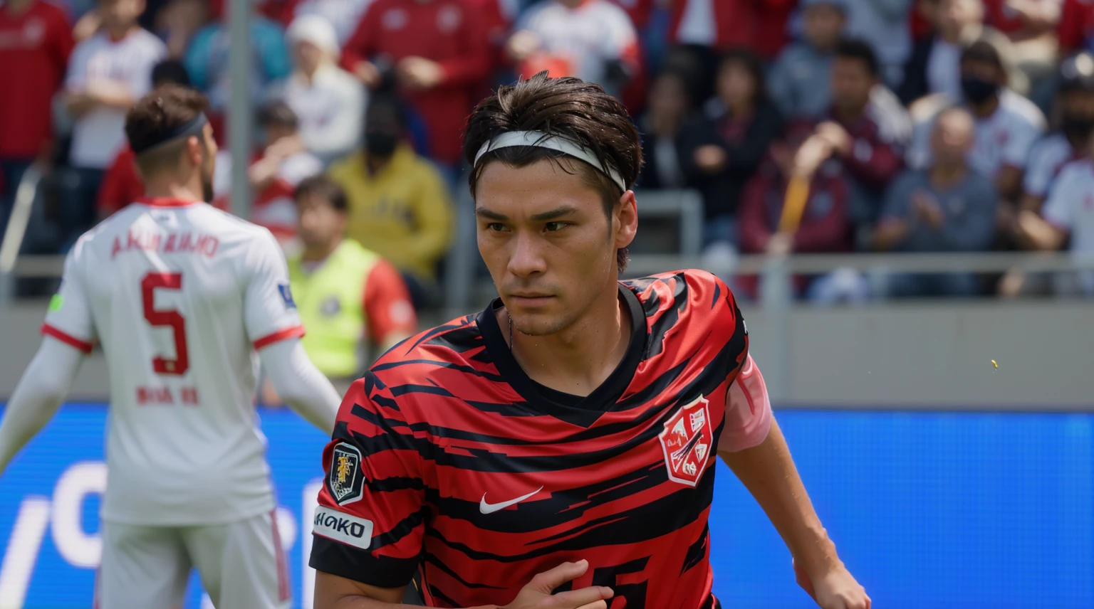 there is a man that is playing soccer in a game, in game style 8k, wearing the number 1 headband, up close shot shinji aramaki, 8k detail, 8 k detail, ultra-realistic graphics, 2020 video game screenshot, 8k portrait render, inspired by Jan Asselijn, middle close up shot, 8k!!