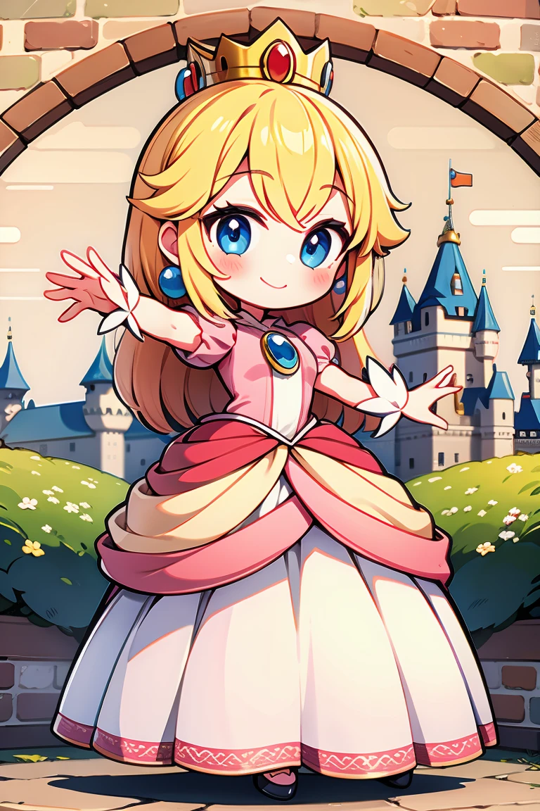 Princess Peach, one girl, blonde, cute, happy, nice smile, young, bright sunlight, Full body image, Are standing, dance, (masterpiece:1.2), best quality, masterpiece, top quality, looking at viewer, castle, castle gate, shining eyes, blush, mushroom