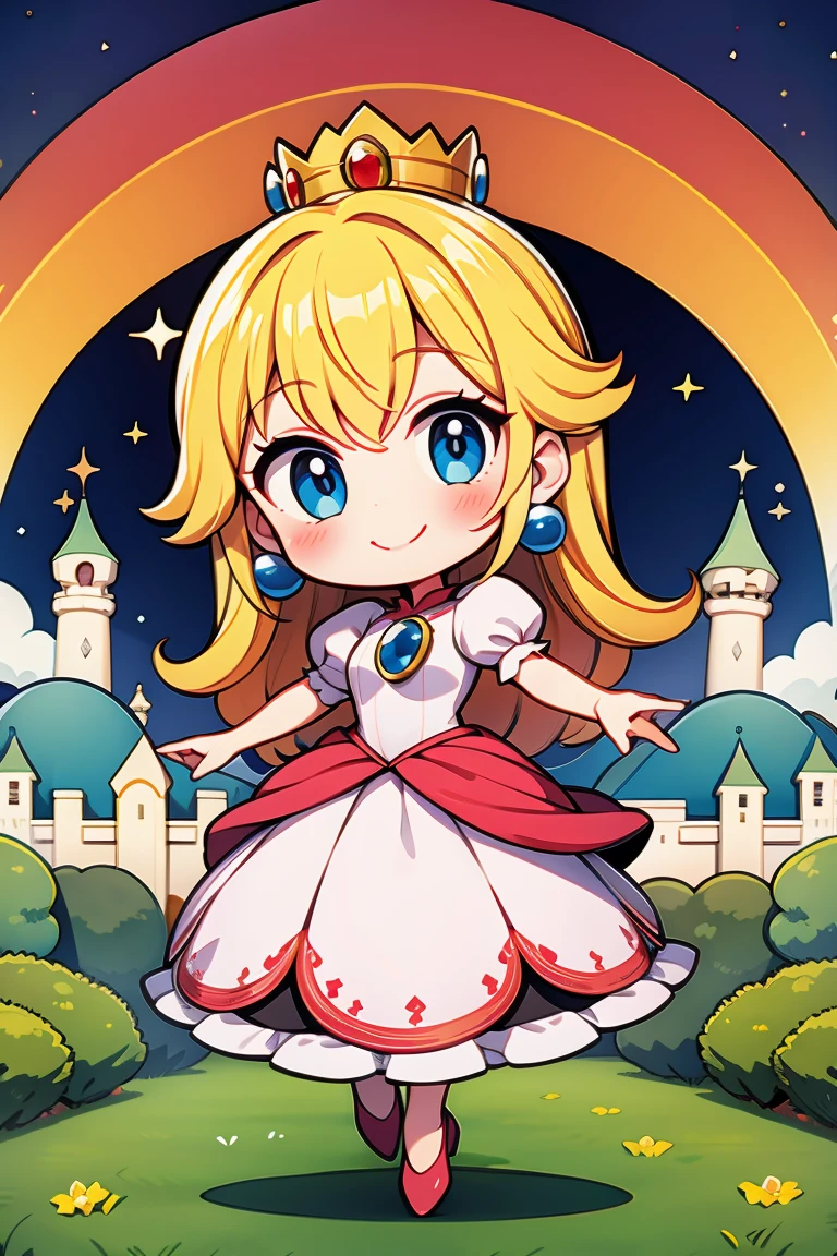 Princess Peach, one girl, blonde, cute, happy, nice smile, young, bright sunlight, Full body image, Are standing, dance, (masterpiece:1.2), best quality, masterpiece, top quality, looking at viewer, castle, castle gate, shining eyes, blush, mushroom