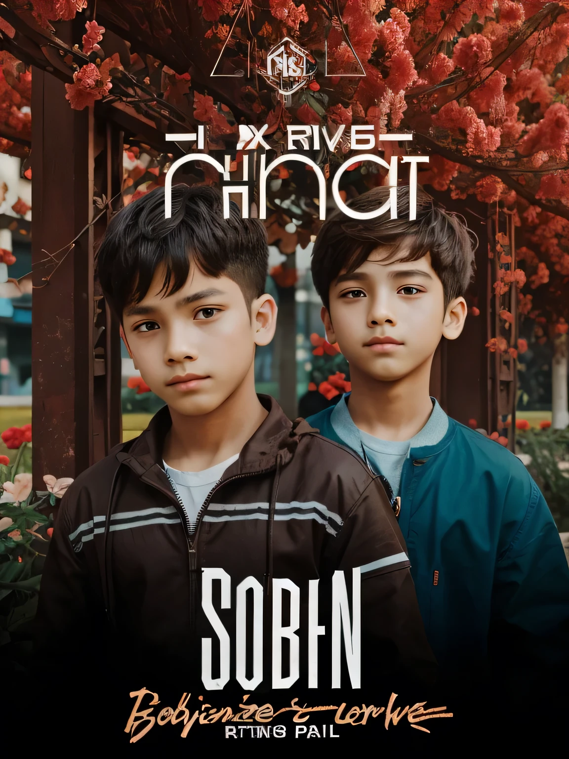 2 Boy In this background, make flowers in red color, mix brown color like real, Cyber Park effect, sunlight also