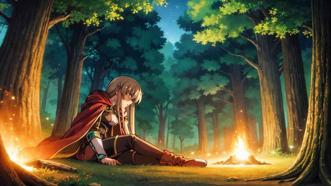 A human female adventurer camping outdoors in a fantasy game world, illustrated in a Japanese anime style. She is lying down around a campfire with her companions, with long, straight blonde hair. She is dressed in a red tunic, black pants, and boots, along with a blue cloak. Her large, expressive eyes are closed as she sleeps peacefully. The background features a dense, enchanted forest under a starry night sky. The scene is detailed with vibrant colors and a focus on anime aesthetics. 1920x1080 resolution.