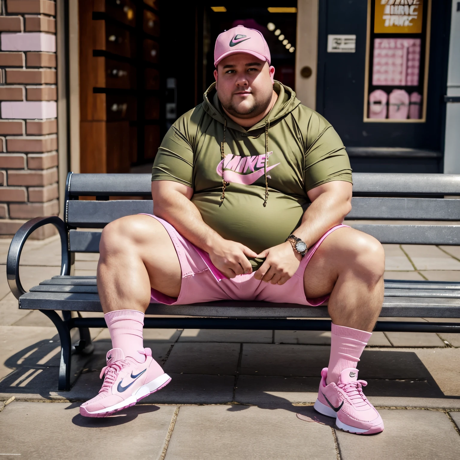 A full body photo in town street, a very fat 300 pound 30-year-old guy Aaron Frew with clean shaved undercut light-pink haircut wearing carhartt pink open hoodies, white Nike t-shirt showing off overhanging belly and full chest ,olive green cargo shorts, resting in pink Nike socks, shoelss,  lots of silver rings, chains, bracelets, brown short undercut hair, sitting on a bench in his pink socks, showing off his pink socks, sneakers off, no shoes, shoes off, no sneakers