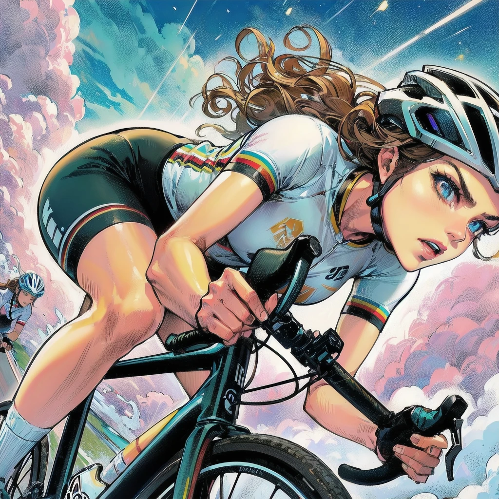  masterpiece, (textured skin), best quality, gorgeous beautiful girl, (a female cycling athlete), detailed clothes,large breasts,narrow waist,, (beautiful face), cinematic lighting, (at cycling venue ),