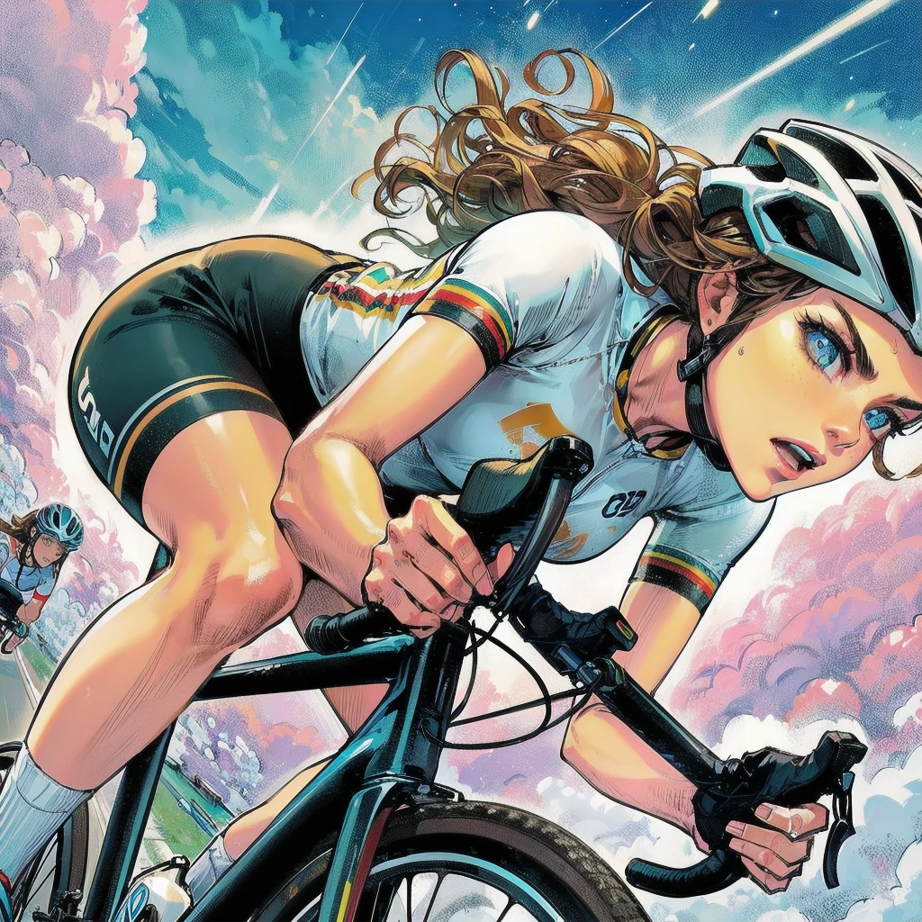 masterpiece, (textured skin), best quality, gorgeous beautiful girl, (a female cycling athlete), detailed clothes,large breasts,narrow waist,, (beautiful face), cinematic lighting, (at cycling venue ),