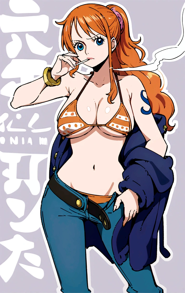 a cartoon picture of a woman in a bikini top and jeans, nami one piece, nami from one piece, nami, beautiful portrait of nami, from one piece, oppai, blue eyes, smoking, ponytail