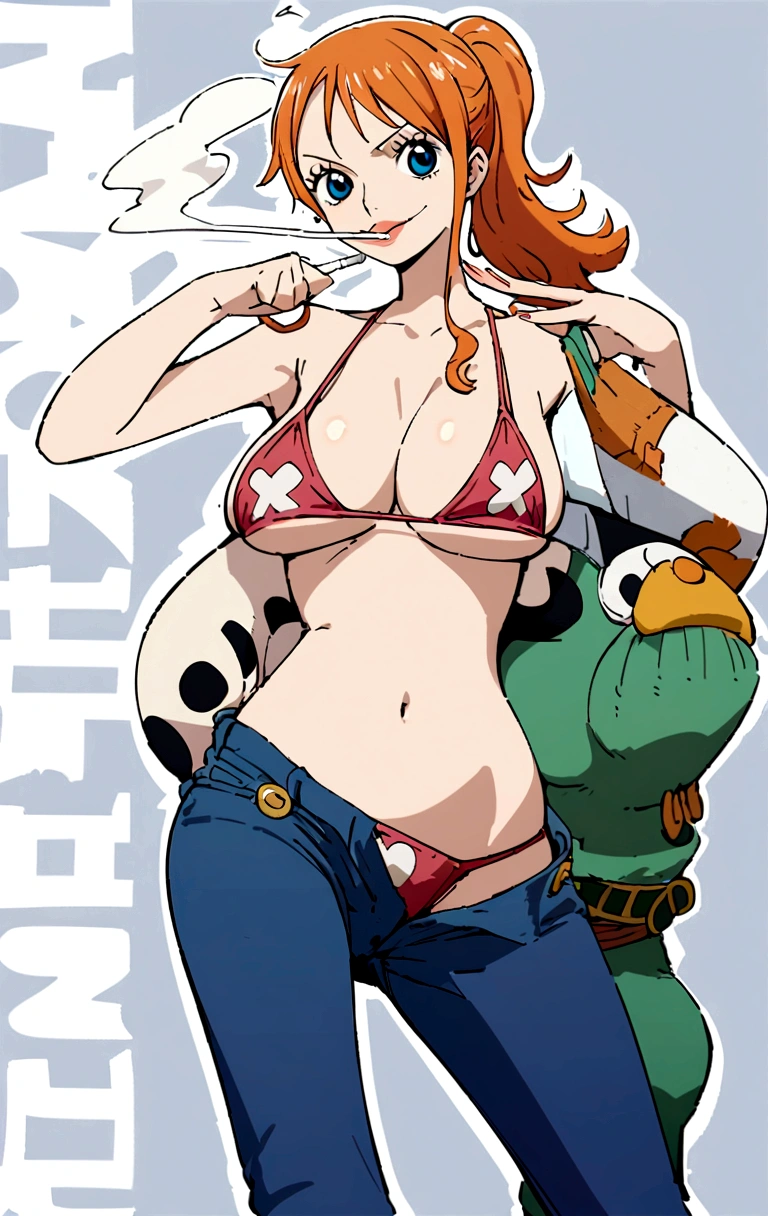 a cartoon picture of a woman in a bikini top and jeans, nami one piece, nami from one piece, nami, beautiful portrait of nami, from one piece, oppai, blue eyes, smoking, ponytail