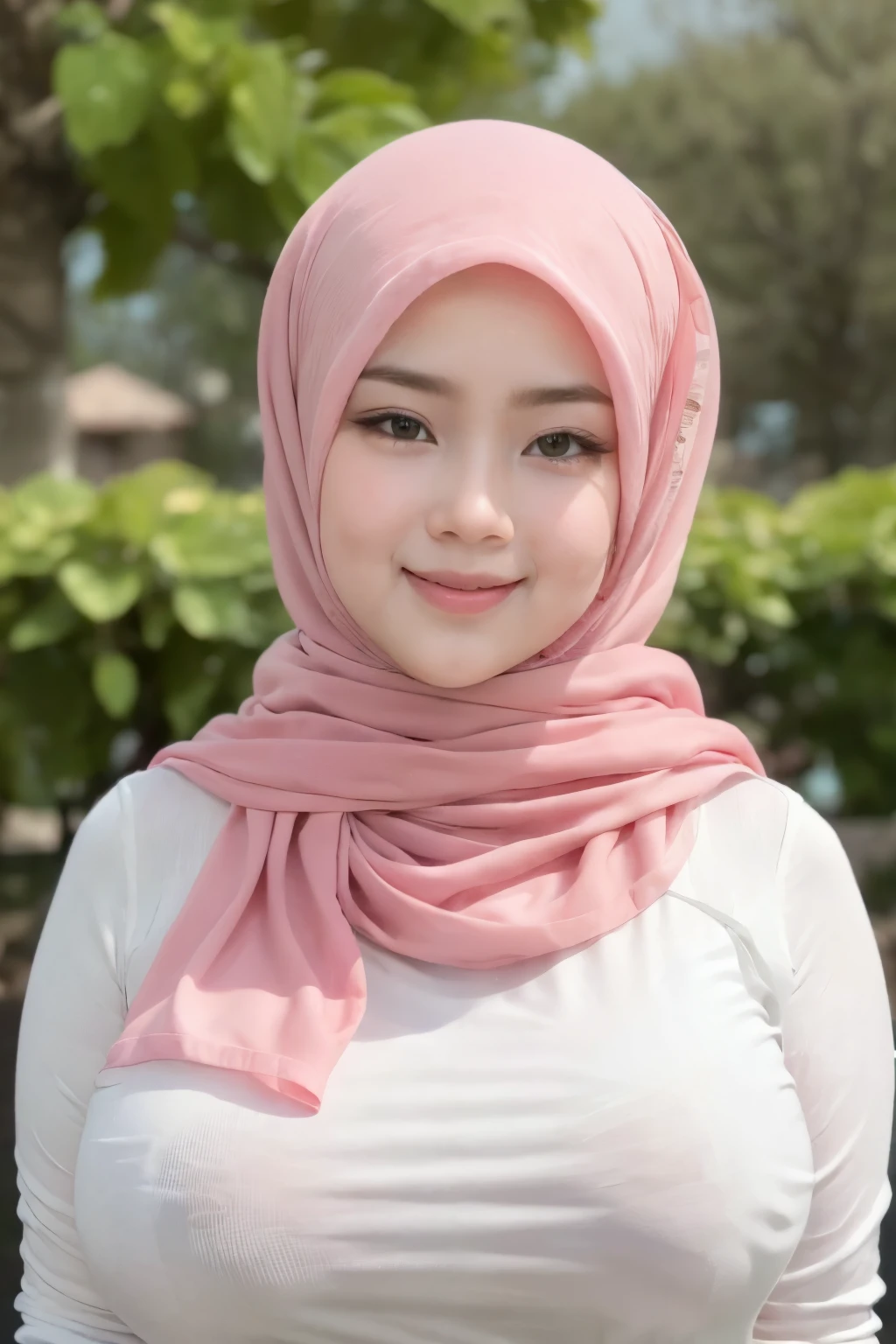 Chubby adorable, 1 girl, (face to face), , baby face, happy, half body portrait, (face details: 1), (eye details: 1), ((big breasts)). wearing transparent transparency softpink long shirt, hijab, .. Cute posed. proportional body. Ultra High Res. realistic: 1.4, UHD, (floral pattern)