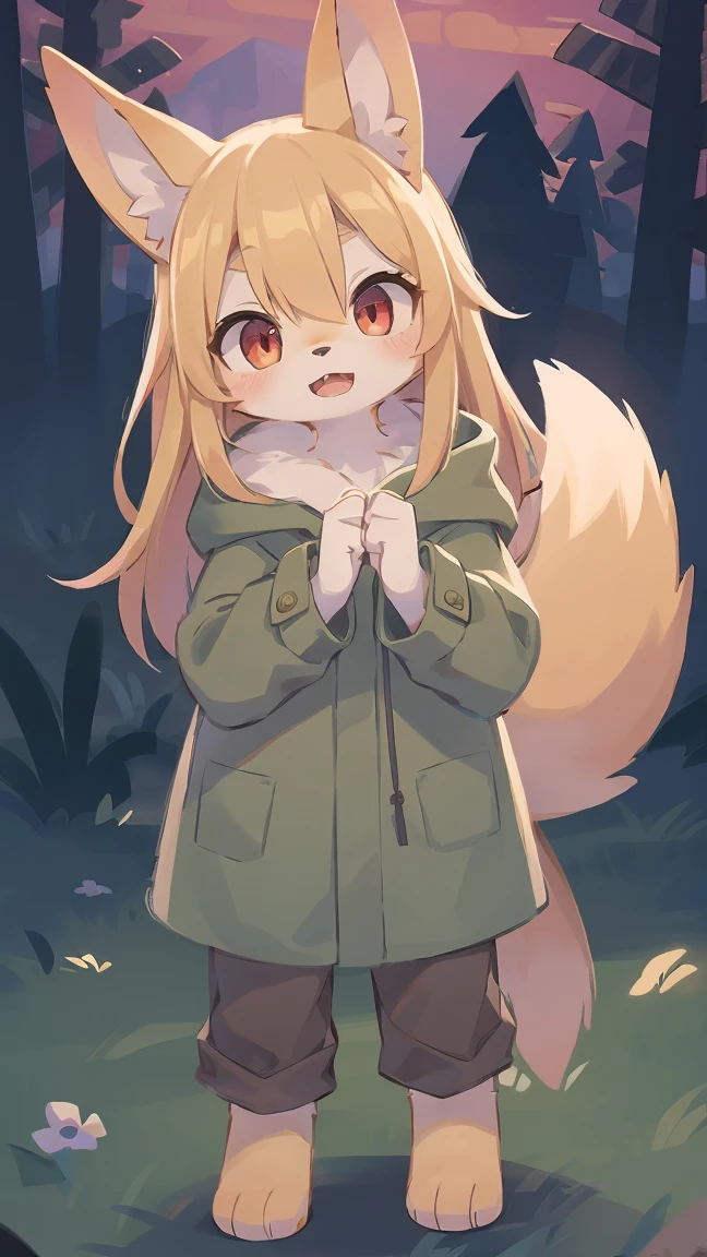 shota the fox, , was hairy, shaggy, skin fur, smooth lashes, golden fur, forelimb hands, straight long blonde hair, solid circle eyes, golden ears, golden fur, golden facial fur, shiny hair, red eyes, super cute face, 1fox tail, fluffy tail, furry tail, glowing eyes, green coat green hood down, brown trousers, standing, open mouth, ambient light, ultra-fine fur, dashed eyes, full body, masterpiece, high quality, high-details, best quality, wide short, (((solo))), twilight, sun light, red sky, rim light