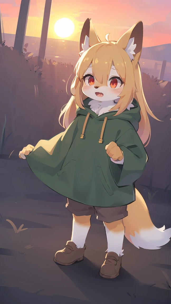shota the fox, , was hairy, shaggy, skin fur, smooth lashes, golden fur, forelimb hands, straight long blonde hair, solid circle eyes, golden ears, golden fur, golden facial fur, shiny hair, red eyes, super cute face, 1fox tail, fluffy tail, furry tail, glowing eyes, green coat green hood down, brown trousers, standing, open mouth, ambient light, ultra-fine fur, dashed eyes, full body, masterpiece, high quality, high-details, best quality, wide short, (((solo))), twilight, sun light, red sky, rim light