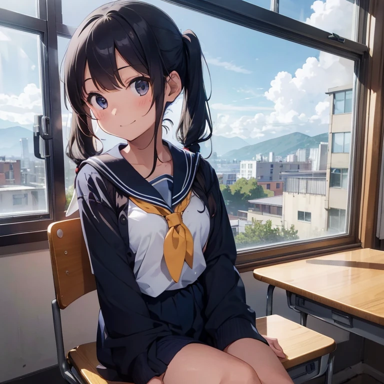 Highest quality, Very detailed, masterpiece, One Girl, sit in a chair in the classroom, talk, Smile, 15yo, (low twintails:1.2), Pigtails, Black Hair, Long Hair, (Navy blue sailor suit:1.4), Blue ribbon, Long sleeve, School desk, School Chair, Evening Classroom, from the front, window, Distant cityscape, On top of the mountain, anime