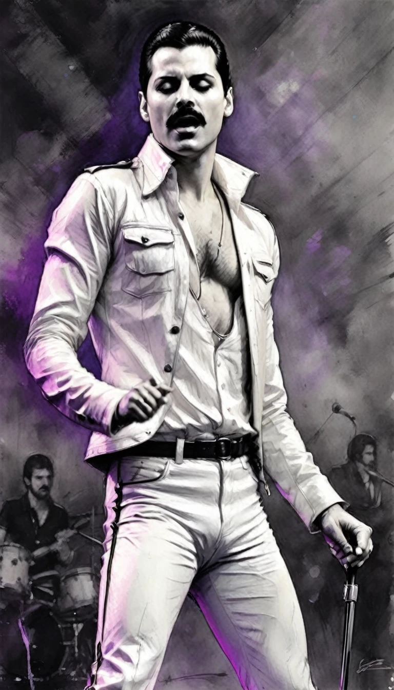 High Resolution, High Quality , Masterpiece Freddie Mercury commanding the stage with Queen band, charcoal and ink sketch style inspired by Richard Phillips, amplified to an impressive digital painting, dynamic composition, rock ambiance, detailed background suggesting a lively concert setting, accent lighting zigzagging across the front row, contrasting colors enriching the scene, enhanced with a watercolor wash, sharp focus capturing the raw energy, intricate details rivaling a studio photo, overall quality worthy 