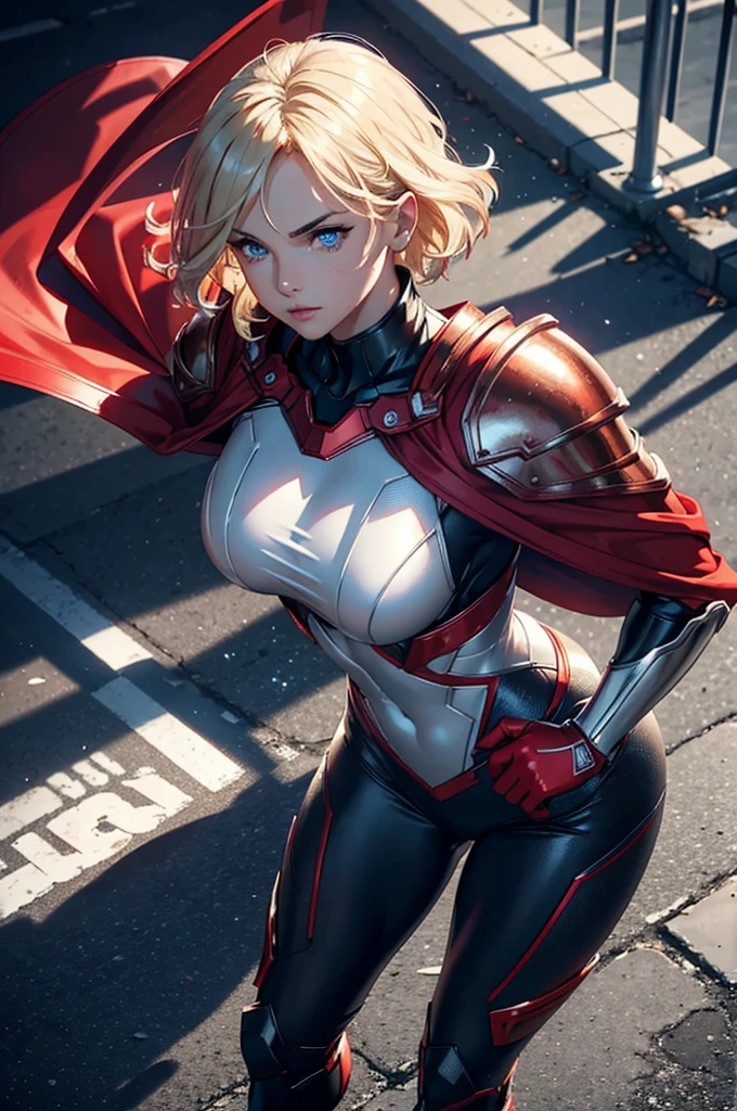 16K, HDR,UHD, RTX, ray tracing, chiaroscuro, best quality, masterpiece, ethereal, perfect illustration, digital artwork, trending on artstation, jaw-dropping perfection, ultra realistic, textured amazing lighting effects, perfect shadows, WLOP, 1girl, beautiful mature edgy woman in a cool long jacket and black pants, superhero suit, stomach covered by clothing, short hair, very short hair, wavy hair, white-blonde hair, blonde hair, highly detailed glowing blue eyes, glowing eyes, blue eyes, beautiful glowy blue eyes, detailed eyes, beautiful face, perfect anatomy, broad shoulders, strong upper-body, modern city, city, beautiful weather, stunning sunshine, sunny, daylight, sunlight, sunlight from above, red cape, daytime, superhero, uplifting, heroic, heroic pose, athletic, hands near hips, glowy eyes, daytime, white and red superhero suit, metallic suit, red lines on suit, metal shoulder-pads, summertime, radiant sunlight, beautiful cityscape, hair blowing in wind, manly shoulders, manly shoulders, very tall, cape, red cape, red hands, long red gloves, red gloves, armoured forearm, armoured shoulder-pads, chrome shoulder-pads, chrome forearm armor, red gloves
