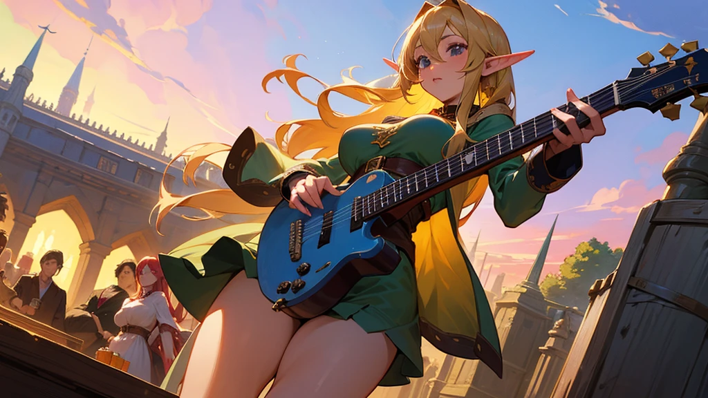 Anime Style,Nostalgic,Detailed background,The medieval world,A lively bar with lots of people,Beautiful sky,Two beautiful elves of a bard,guitar,Large Breasts,Healthy thighs