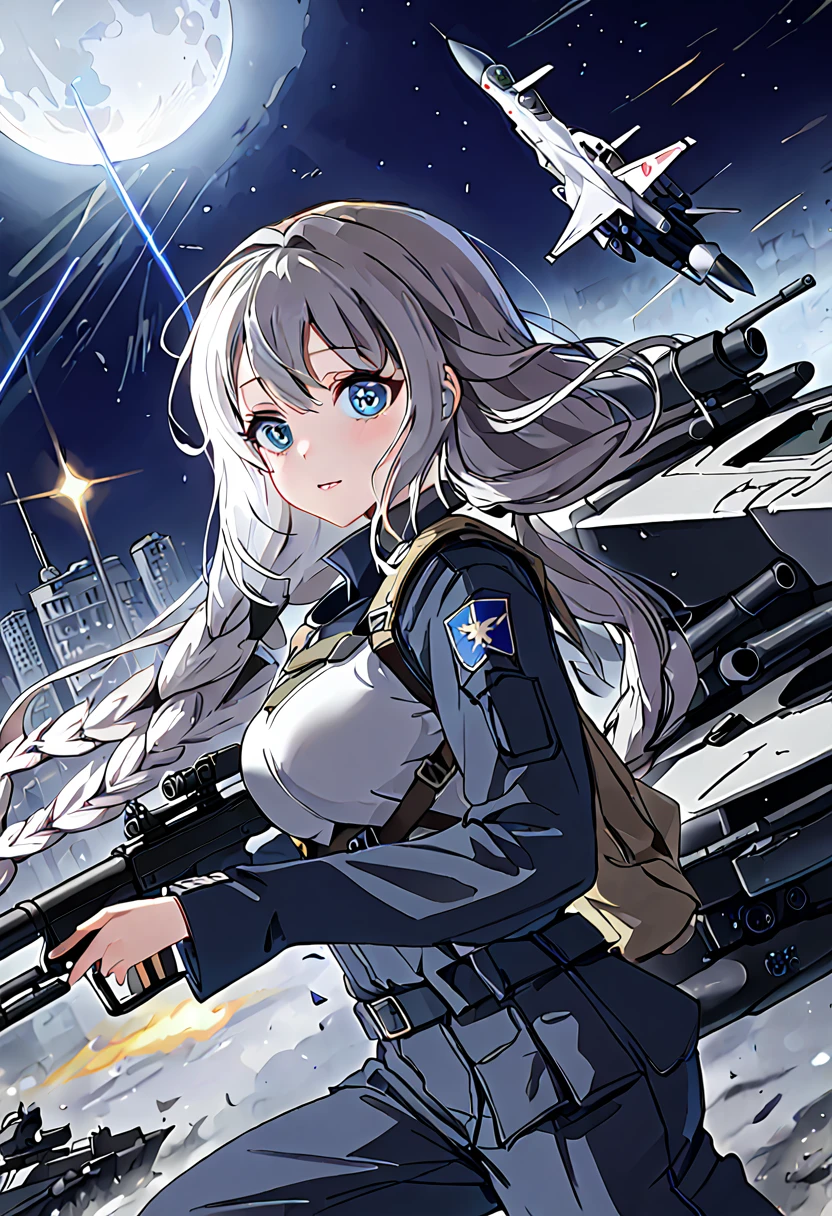 Facing forward　girl　Military uniforms with a white base and some black　Spectacular Background　A shooting star is falling　Beautiful night view　　　She is on the right　On the left you can see the destroyed city.　He has a gun　　　服にはplaneが描かれています　背景の上部にはFighterが飛んでいます　White Moon　blue eyes　　There is one person　blue and long hair　wearing a military cap　war　I'm wearing pants　Precision　masterpiece　girlにクローズアップ　girlを正面から見ています　Straight Rare　soldier　battlefield　{超Precision} Satanic　Terrified face　A few tears in the eyes　Scared　Anime Style　 {war} {Gunfight} {Fighterの擬人化} Fighter　tank　Battleship　plane　Thunder Day　Mechanical Man　宇宙Battleshipヤマトの武装をつけています　A dignified expression　F-16Fighterの翼を背中につけています