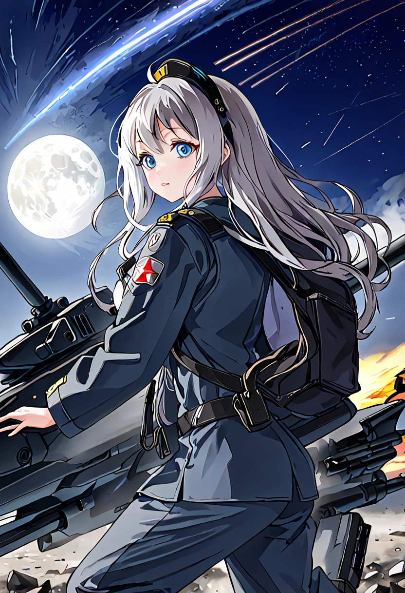 Facing forward　girl　Military uniforms with a white base and some black　Spectacular Background　A shooting star is falling　Beautiful night view　　　She is on the right　On the left you can see the destroyed city.　He has a gun　　　服にはplaneが描かれています　背景の上部にはFighterが飛んでいます　White Moon　blue eyes　　There is one person　blue and long hair　wearing a military cap　war　I'm wearing pants　Precision　masterpiece　girlにクローズアップ　girlを正面から見ています　Straight Rare　soldier　battlefield　{超Precision} Satanic　Terrified face　A few tears in the eyes　Scared　Anime Style　 {war} {Gunfight} {Fighterの擬人化} Fighter　tank　Battleship　plane　Thunder Day　Mechanical Man　宇宙Battleshipヤマトの武装をつけています　A dignified expression　F-16Fighterの翼を背中につけています