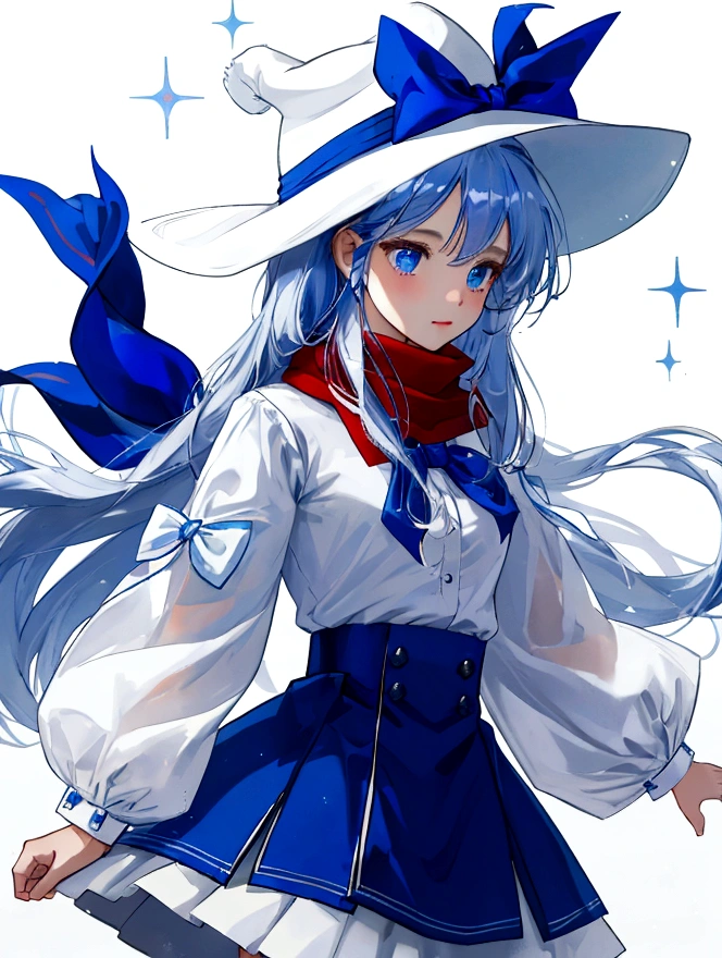  She&#39;s dressed, White hat with a blue ribbon, White shirt, Blue Collar, Red scarf and blue skirt.  Shine; Sparkling