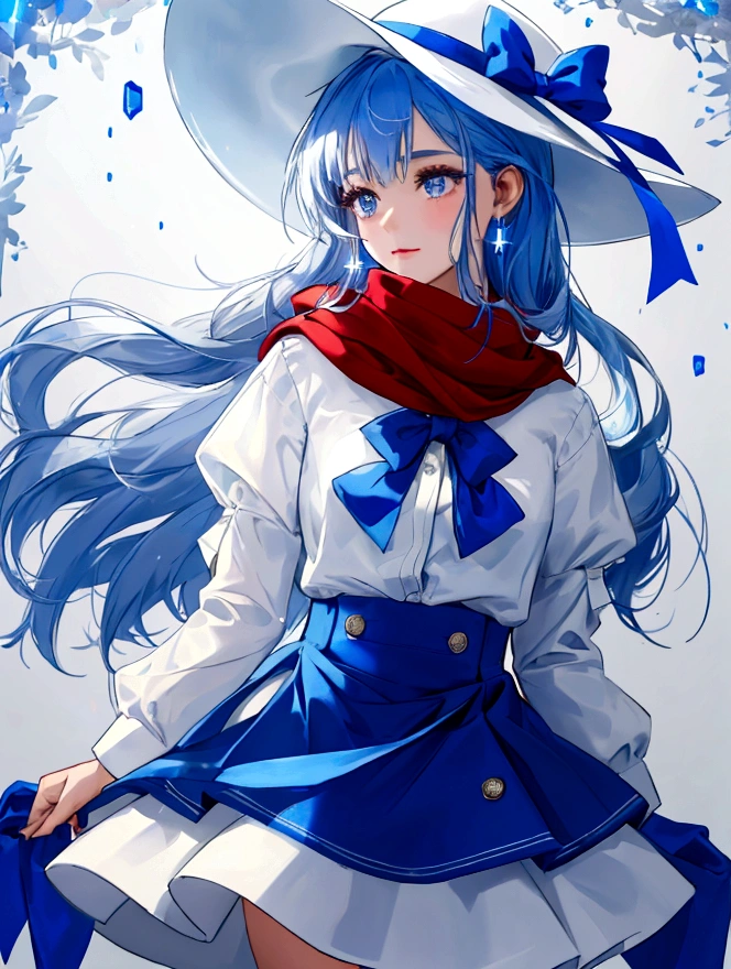 She's dressed, White hat with a blue ribbon, White shirt, Blue Collar, Red scarf and blue skirt. Shine; Sparkling