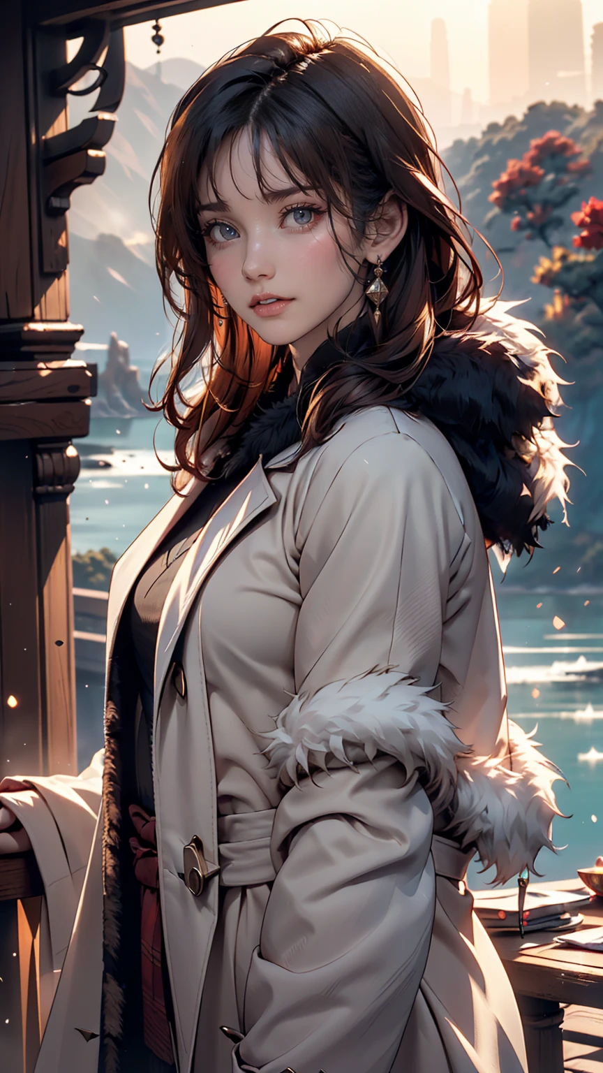 Chris (Sharp focus:1.2), photograph, Attractive Young Woman, (Beautiful Face:1.1), Fine grain, Seductive lips, (Smokey Eye Makeup:0.85), wear (Fur coat:1.2) To (Cliff Side:1.2). (Moody lighting:1.2), Depth of written boundary, Bokeh, 4K, High resolution. Toよる (James C. Chrisテンセン:1.2|Jeremy Lipking:1.1).