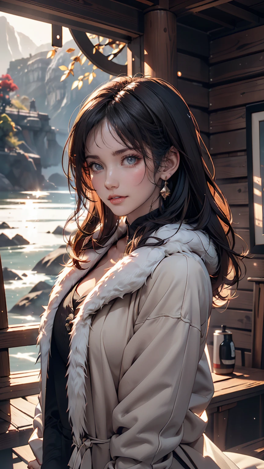 Chris (Sharp focus:1.2), photograph, Attractive Young Woman, (Beautiful Face:1.1), Fine grain, Seductive lips, (Smokey Eye Makeup:0.85), wear (Fur coat:1.2) To (Cliff Side:1.2). (Moody lighting:1.2), Depth of written boundary, Bokeh, 4K, High resolution. Toよる (James C. Chrisテンセン:1.2|Jeremy Lipking:1.1).