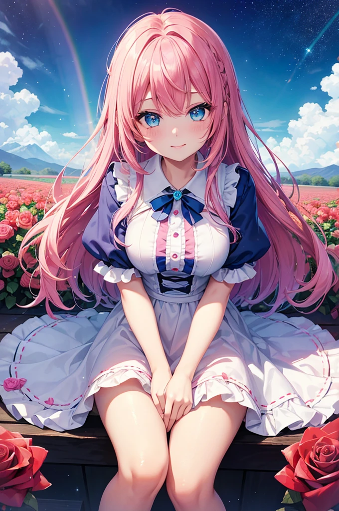 ((Highest quality, Tabletop)), ((Style - Swirl Magic):0.75)
One Girl,(((masterpiece)))、((超detailedな、Highest quality、High resolution、Cinema Lighting))、whole body、From above、whole bodyショット (1 girl)(Rainbow Hair、Colorful Hair、Half Blue、Half pink hair:1.2)(Both sides up)(Green Eyes)、eye shadow、eyeliner、Glowing Eyes、Hyper Detail Eye、Complex eyes、Beautiful Eyes、((Sparkling blue eyes))18-year-old girl、A seductive smile、detailed, Crimson Light, detailed background, Pink rose field, White sundress, Scary Clouds, Light Particles, sitting on roses,