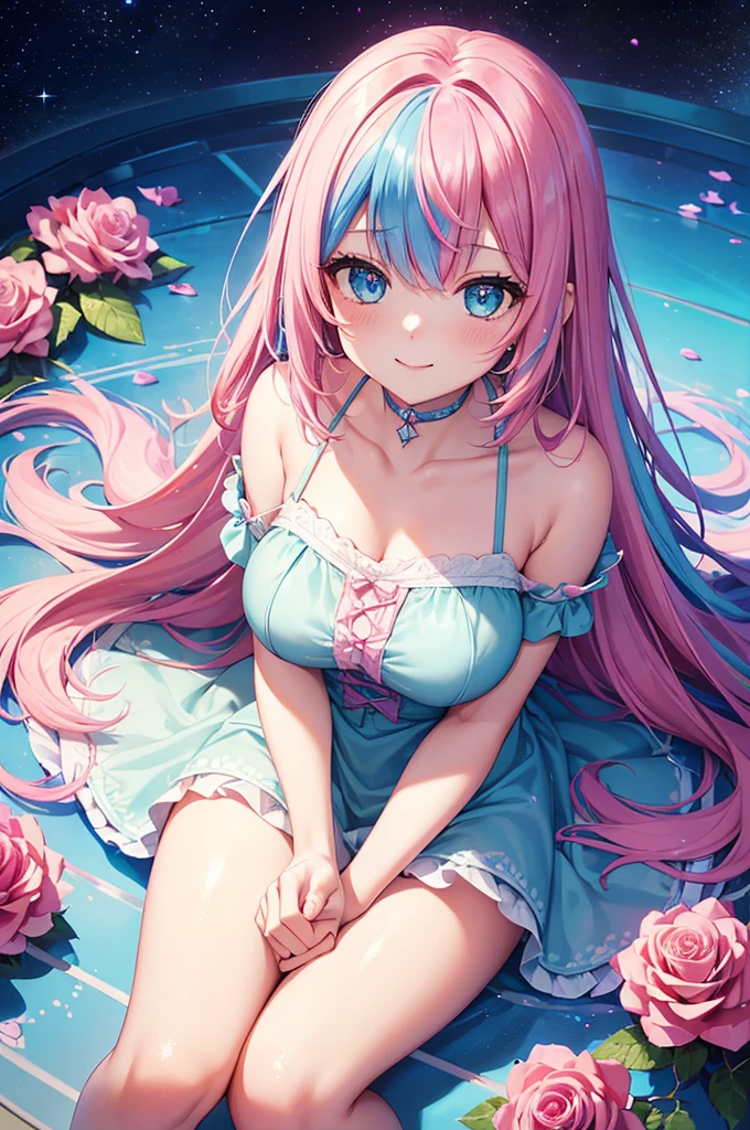 ((Highest quality, Tabletop)), ((Style - Swirl Magic):0.75)
One Girl,(((masterpiece)))、((超detailedな、Highest quality、High resolution、Cinema Lighting))、whole body、From above、whole bodyショット (1 girl)(Rainbow Hair、Colorful Hair、Half Blue、Half pink hair:1.2)(Both sides up)(Green Eyes)、eye shadow、eyeliner、Glowing Eyes、Hyper Detail Eye、Complex eyes、Beautiful Eyes、((Sparkling blue eyes))18-year-old girl、A seductive smile、detailed, Crimson Light, detailed background, Pink rose field, White sundress, Scary Clouds, Light Particles, sitting on roses,
