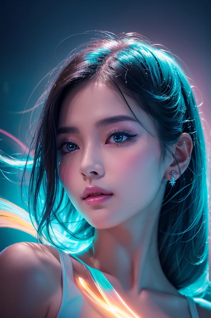 In a cinematic close-up shot, a lone, enigmatic female figure emerges from darkness, her refined features aglow with neon hues and sparkling particles. Her luscious eyelashes define her piercing gaze, seeming to draw the viewer into her mystical realm. Softly radiant skin glows alongside flowing, diaphanous attire, resembling wispy fog around her sinuous form. The artist's masterful strokes blend vibrant CMYK colors, imbuing the portrait with depth and dimension. As backlit radiance casts an entrancing aura, this dreamlike scene freezes in time, inviting the viewer to enter its surreal domain.