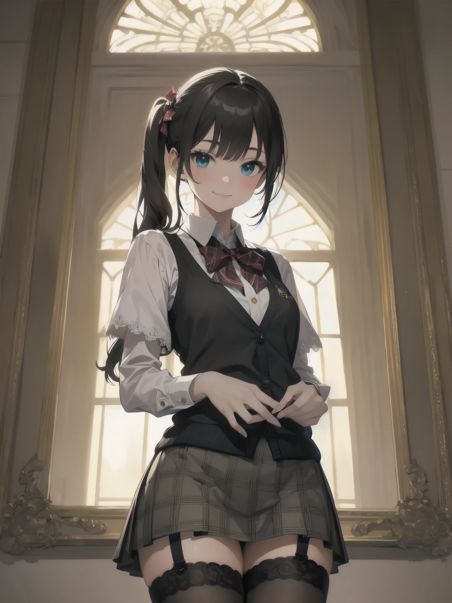 A lavish, photorealistic illustration of Soro, a charming 19th-century maiden, exudes elegance in a masterfully crafted scene. Framed by a ornate, gilded archway, she stands poised, her twintails adorned with sparkling bows, her cardigan vest and short-sleeved shirt perfectly complementing her plaid skirt. Over black legwear, her loafers add a touch of whimsy. A radiant smile spreads across her face, her eyes sparkling like diamonds in the soft, golden light. Every detail, from the intricate lace trim to the delicate folds of her garments, is meticulously rendered by a master illustrator's hand