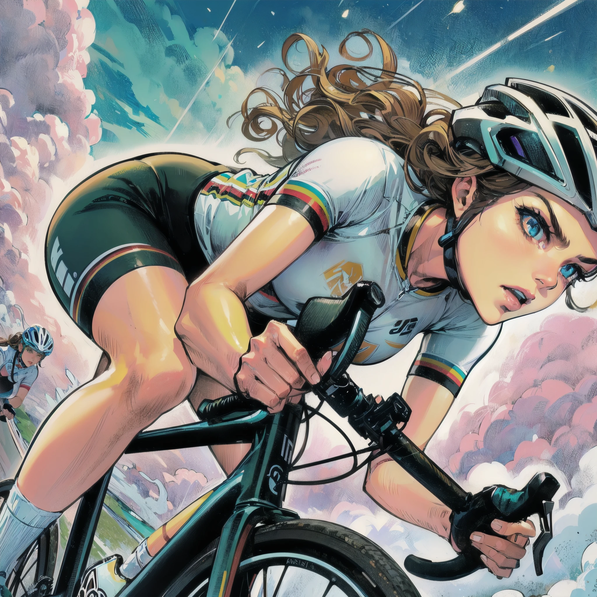  masterpiece, (textured skin), best quality, gorgeous beautiful girl, (a female cycling athlete), detailed clothes,large breasts,narrow waist,, (beautiful face), cinematic lighting, (at cycling venue ),