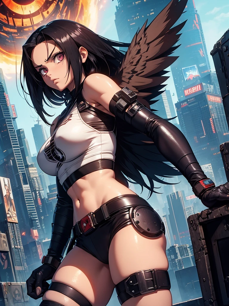 Battle angel alita, motorball, cyberpunk, sexly, big , big dark wings, she's gigantic like godzilla