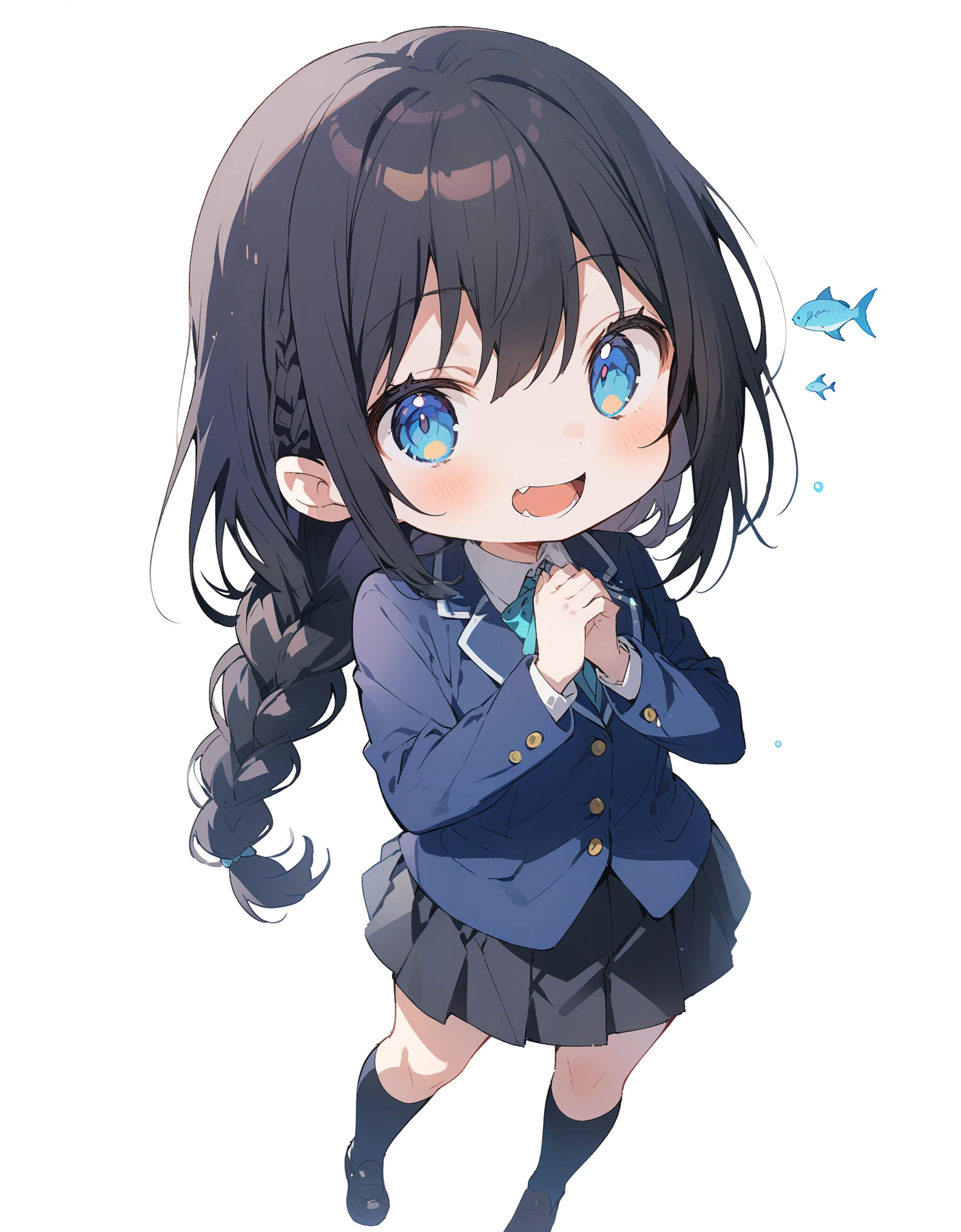 White background、Solid white background、Blank background、Solo,just standing girl, One Girl、Ultra-high resolution, highest quality,fish-bone braid hair、Fishbone Hair、black hair、Full body shot,arms behind back、Put your hands behind your back、Hide your hands、busty、beautiful detailed eyes、Black hair × Blue eyes、blue eyes、Open your mouth without showing your teeth、Smile with mouth wide open、 Black long sleeve blazer,Black pleated skirt、Knee-high socks、
