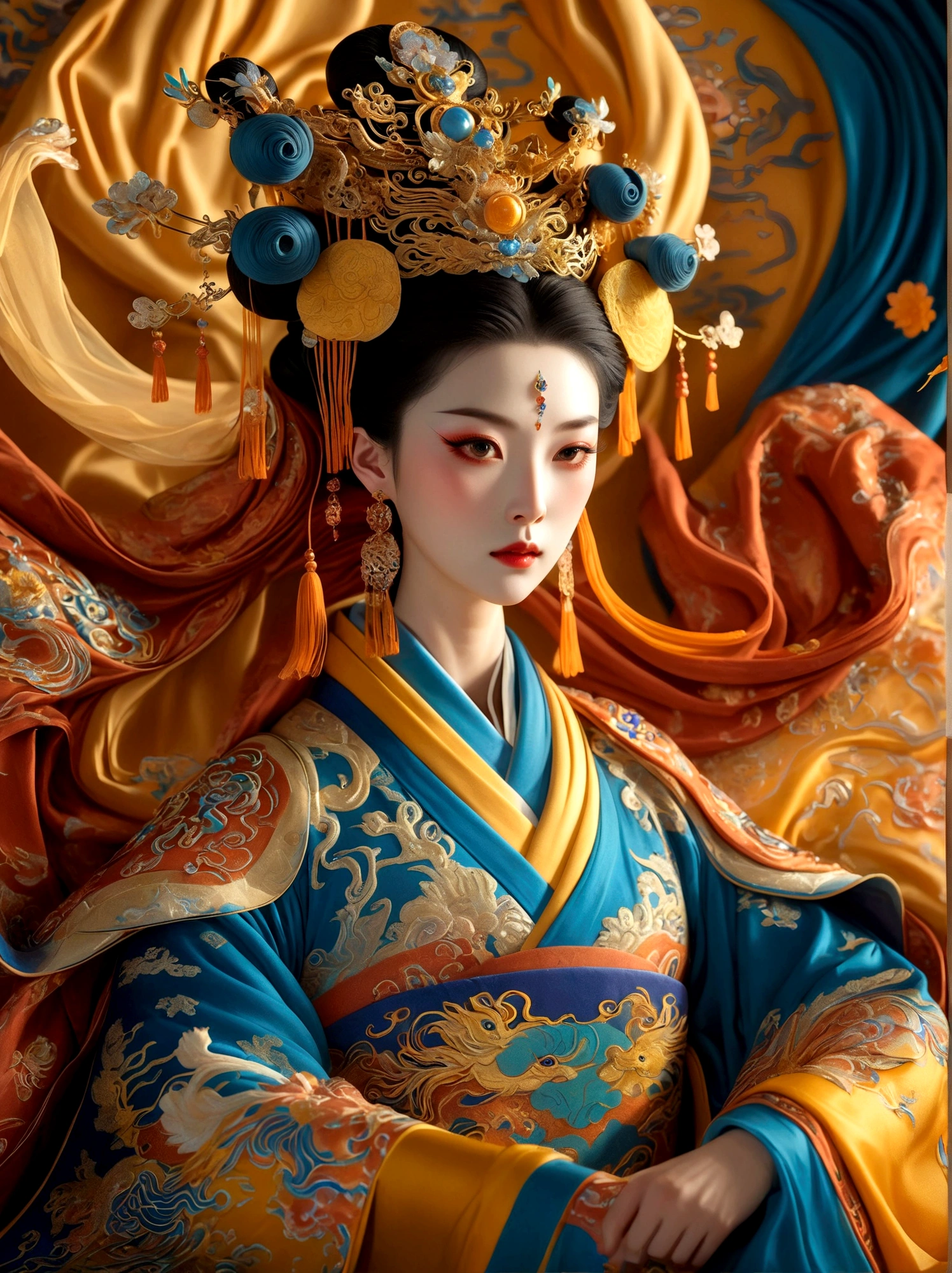 (Empress Wu Zetian of the Tang Dynasty of China:1.3)，A royal figure in a lavish robe, adorned with a large crown, is seated on a throne, The setting is otherworldly and surreal, located in the vast expanse of space, The figure is perched on a miniature planet that's enveloped entirely by the rich fabric of the robe, reflecting an element of royal extravagance