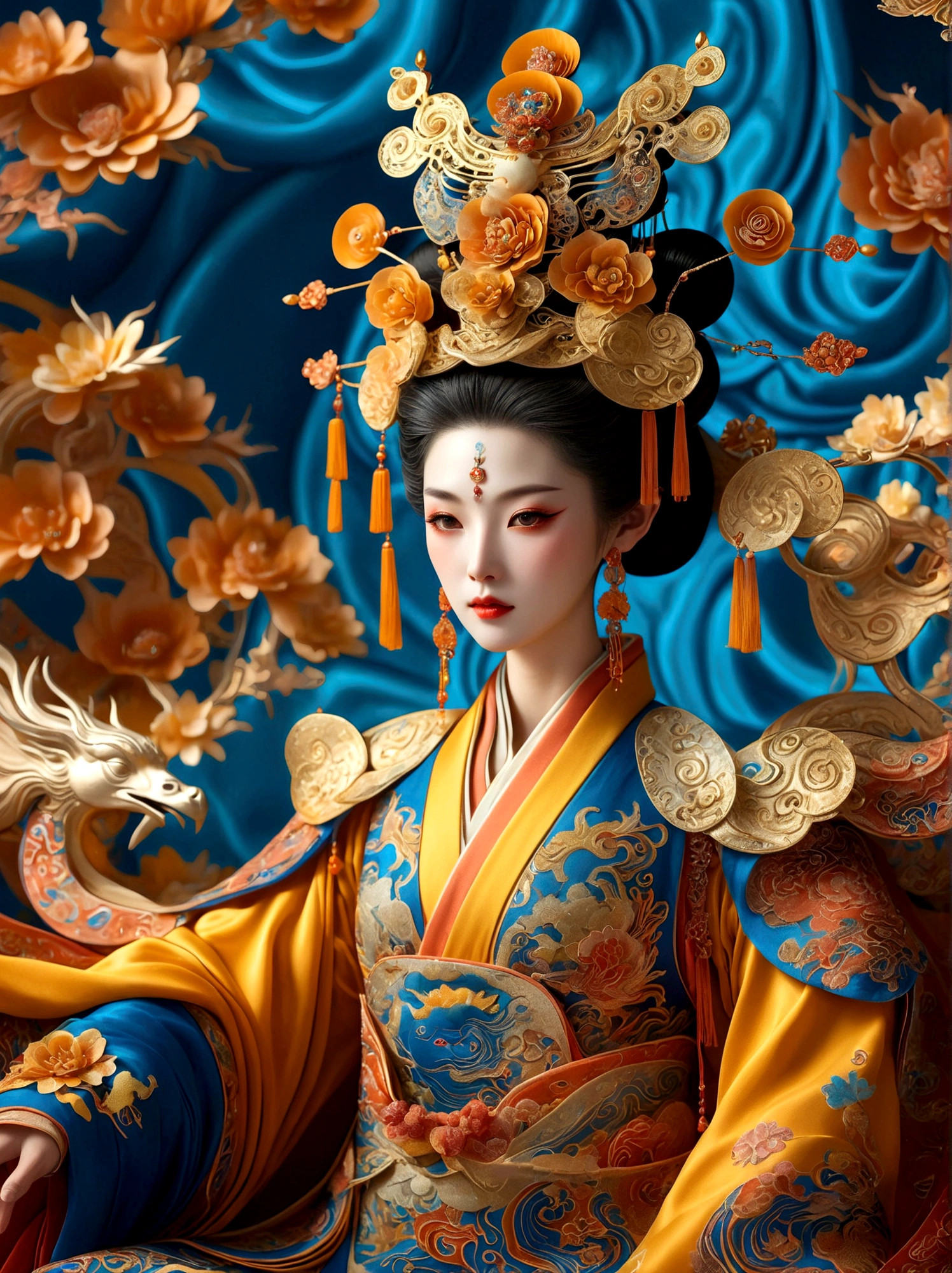 (Empress Wu Zetian of the Tang Dynasty of China:1.3)，A royal figure in a lavish robe, adorned with a large crown, is seated on a throne, The setting is otherworldly and surreal, located in the vast expanse of space, The figure is perched on a miniature planet that's enveloped entirely by the rich fabric of the robe, reflecting an element of royal extravagance