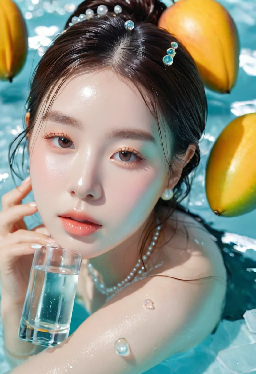 Summer Mango Girl，Dopamine teenage， Cool summer days，Ice cubes，The watery girl，Delicate skin，Hydration，Shiny，Shiny，dream，Front view，bust，pearl，Mango fruit