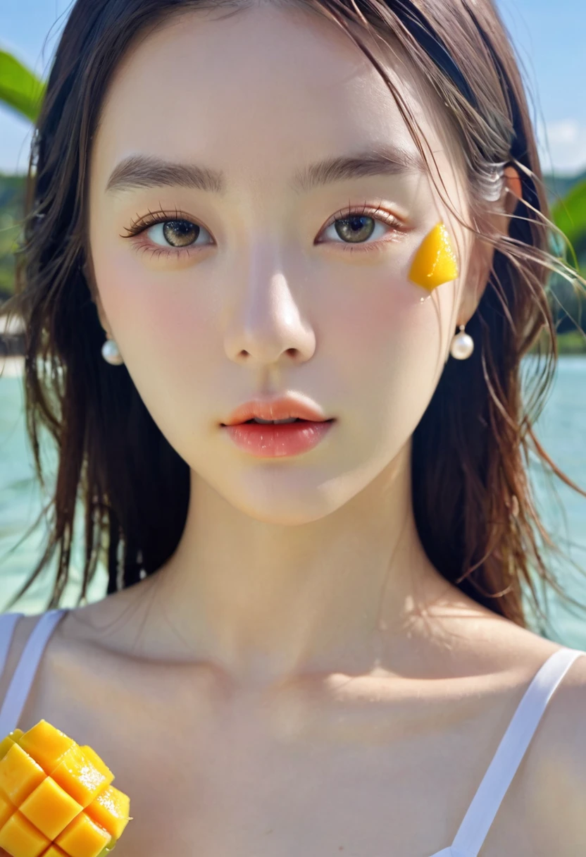 Summer Mango Girl,Dopamine teenage, Cool summer days,Ice cubes,The watery girl,Delicate skin,Hydration,Shiny,Shiny,dream,Front view,bust,pearl,Mango fruit