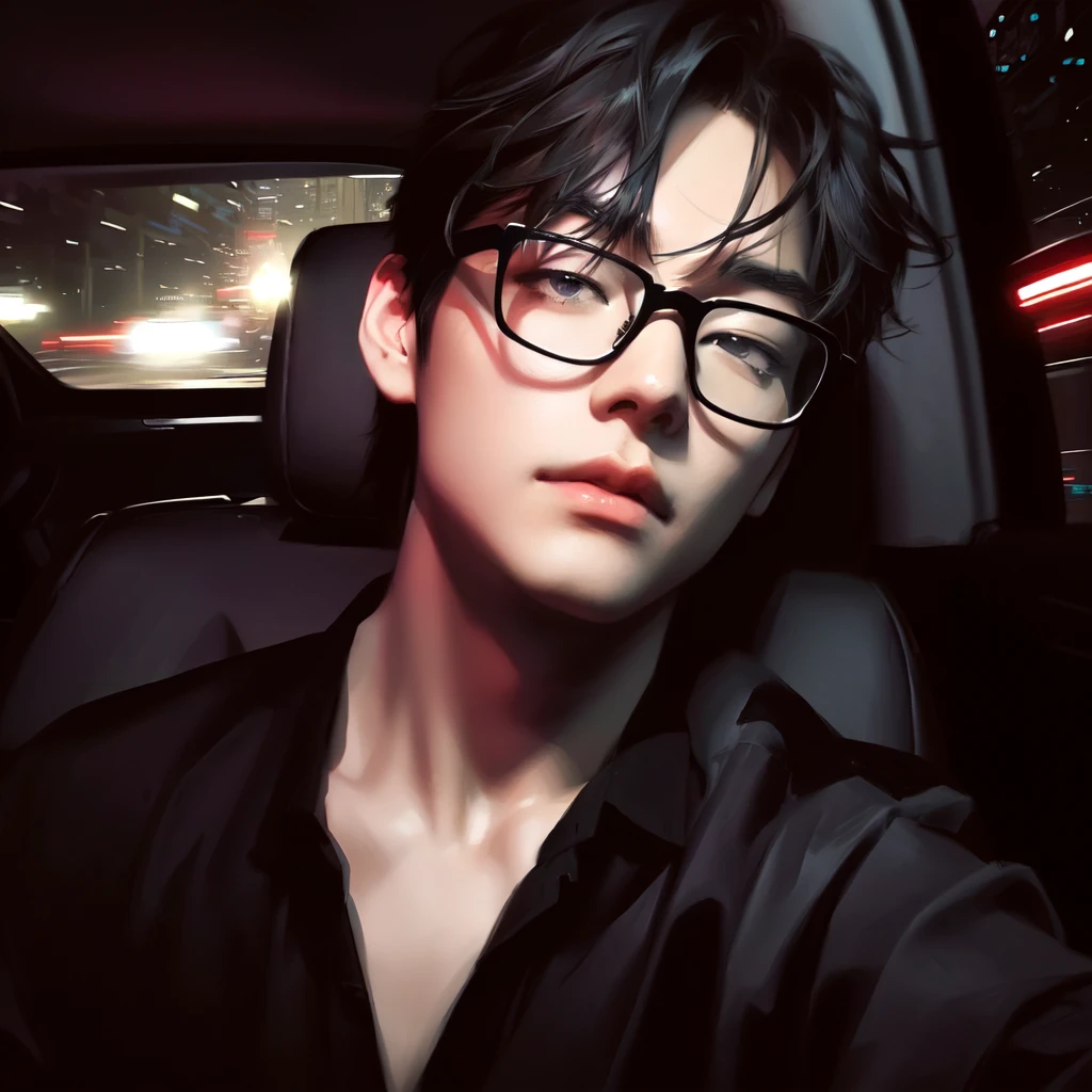 there is a man with glasses sitting in a car, artwork in the style of guweiz, inspired by Yanjun Cheng, [ digital art ]!!, realistic anime artstyle, inspired by jeonseok lee, made with anime painter studio, [ 4 k digital art ]!!, inspired by Gang Se-hwang, high quality portrait, # 1 digital painting of all time, taehyung, kim taehyung, bts v, kpop male face, handsome man